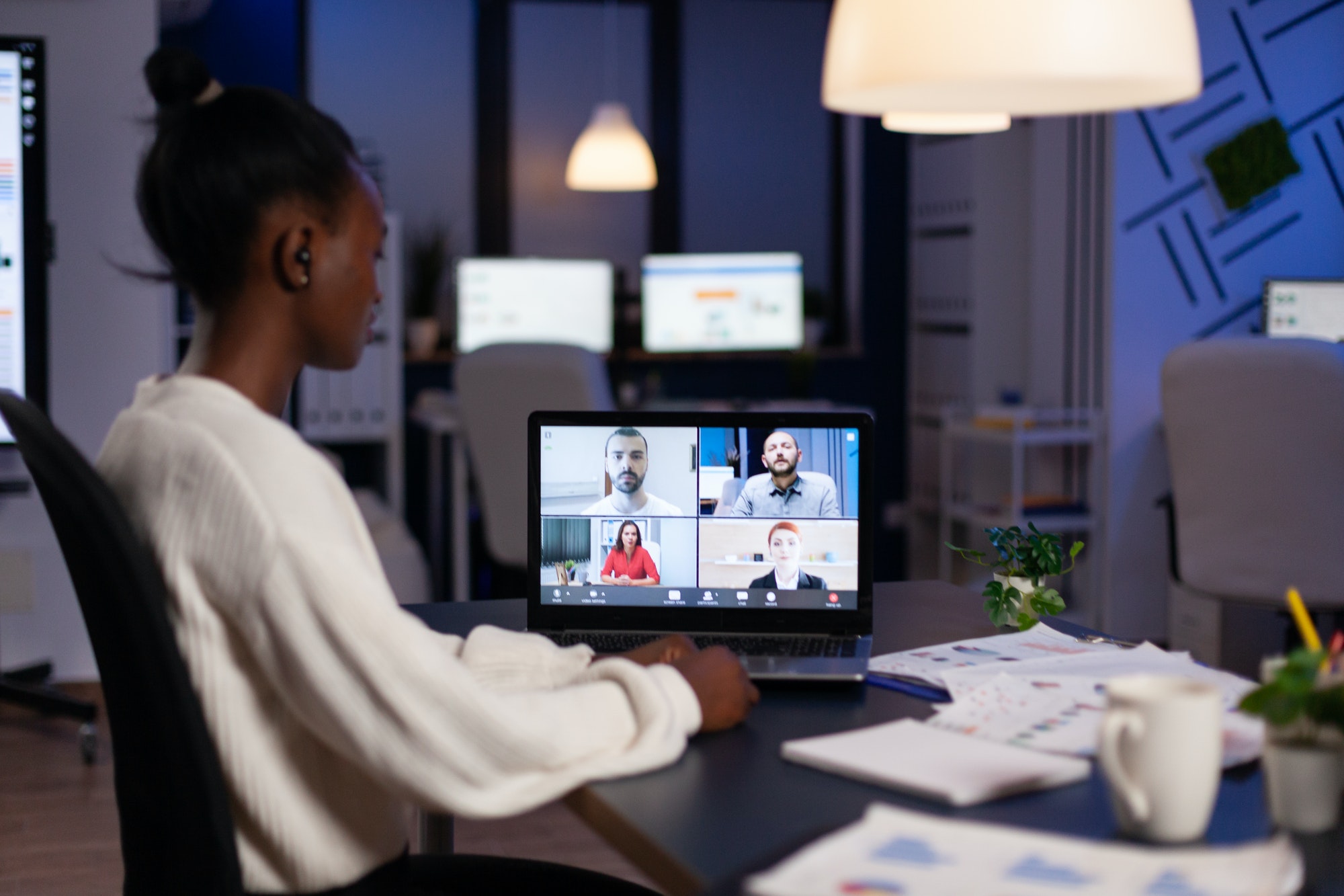 African american businesswoman having online business meeting with remote partners